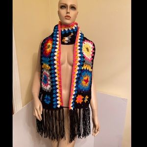 Colourful Crochet Granny Squares Scarf with Crochet Fringe